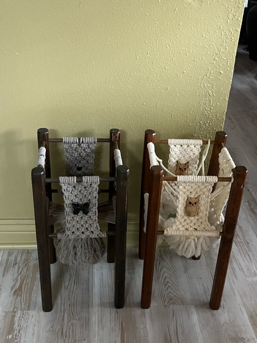 Vintage Handmade wooden and macrame plant stands featuring a woven owl pattern